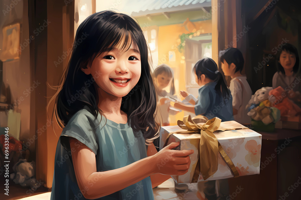 little asian girl gets a gift box of ribbons