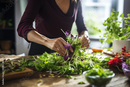 Woman holding pea seedlings with lots of healthy green food on the table. Concept of vegetarianism and well-being photo