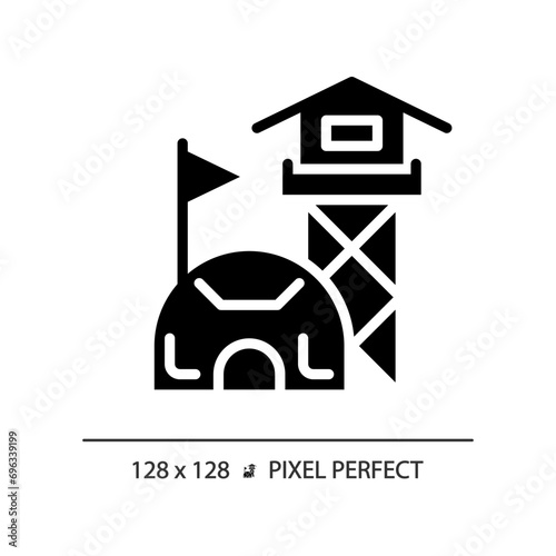 2D pixel perfect glyph style military base icon, isolated vector, flat silhouette illustration representing weapons. photo