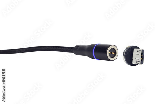 phone charging cord with magnetic head, magnetic cable, magnetic charger wire, isolated from background photo