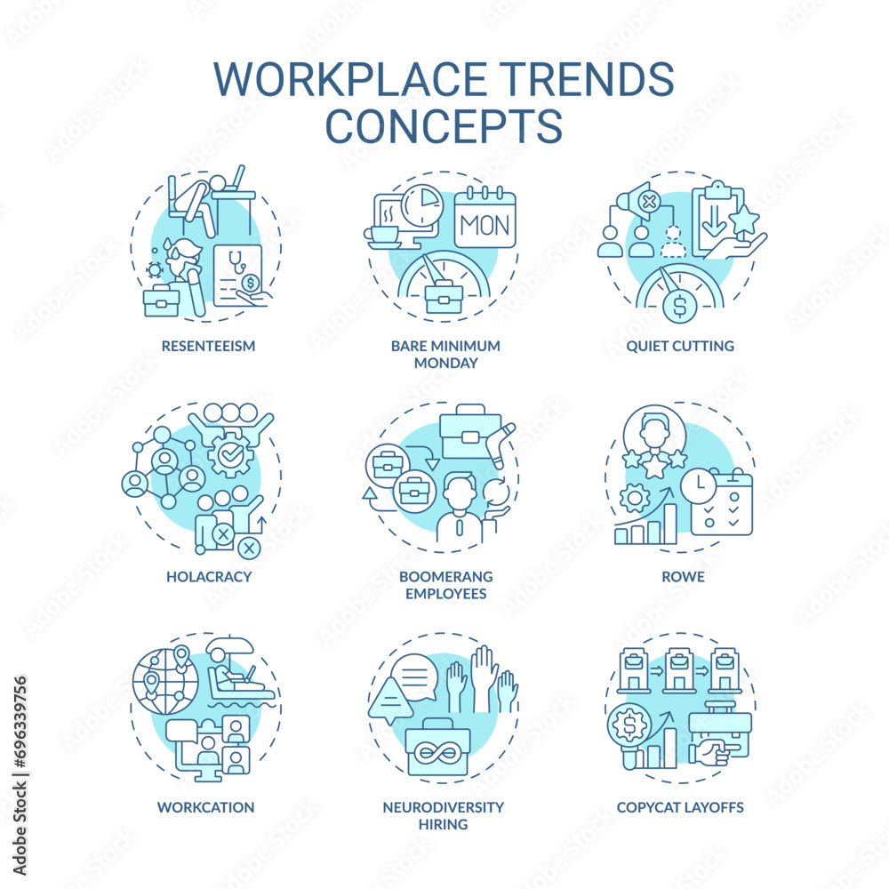 Collection of 2D editable blue thin line icons representing workplace trends, isolated simple vector, linear illustration.