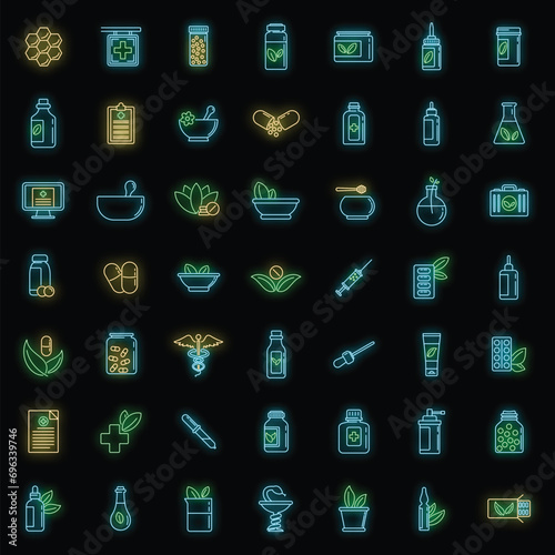 Homeopathy health icons set. Outline set of homeopathy health vector icons neon color on black