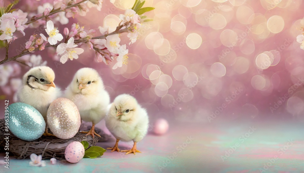 Obraz na płótnie Wielkanocne tło z kurczętami, pisankami i pokrytymi kwiatami gałązkami drzewa w salonie