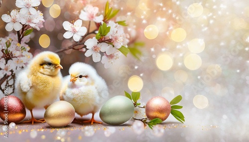 Easter background with chicks, Easter eggs and flower-covered tree branches in soft pastel colors
