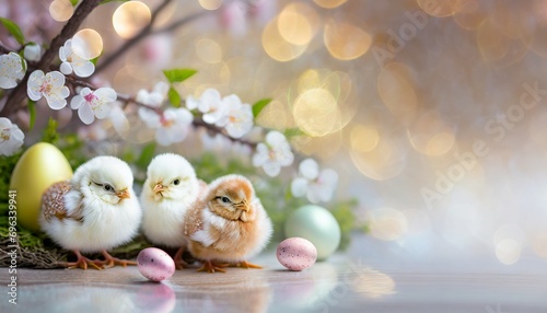 Easter background in shades of brown and yellow with chicks, Easter eggs and flower-covered tree branches