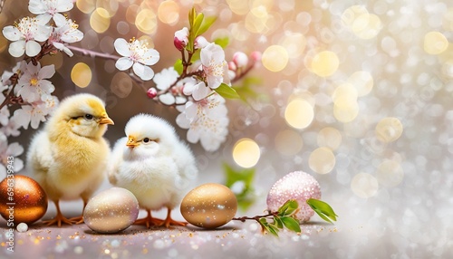 Easter background with chicks, Easter eggs and flower-covered tree branches in soft pastel colors