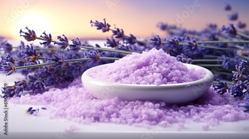 A white background features a lavender blossom and lavender bath salts, herbal, moisturizer, Generative AI.