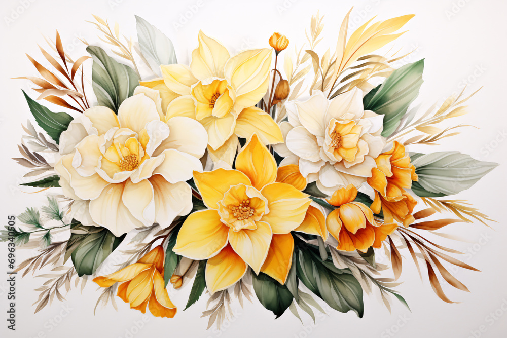 Watercolor Flowers Bouquets, illustration with green gold leaves centre on white background for wedding invitations, greetings, wallpapers, fashion, prints
Watercolor Flowers Bouquets, illustration with green gold leaves centre on white background for wedding invitations, greetings, wallpapers, fashion, prints