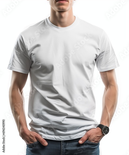 Handsome young man wearing a white casual t-shirt. front view of a mockup t-shirt for design print