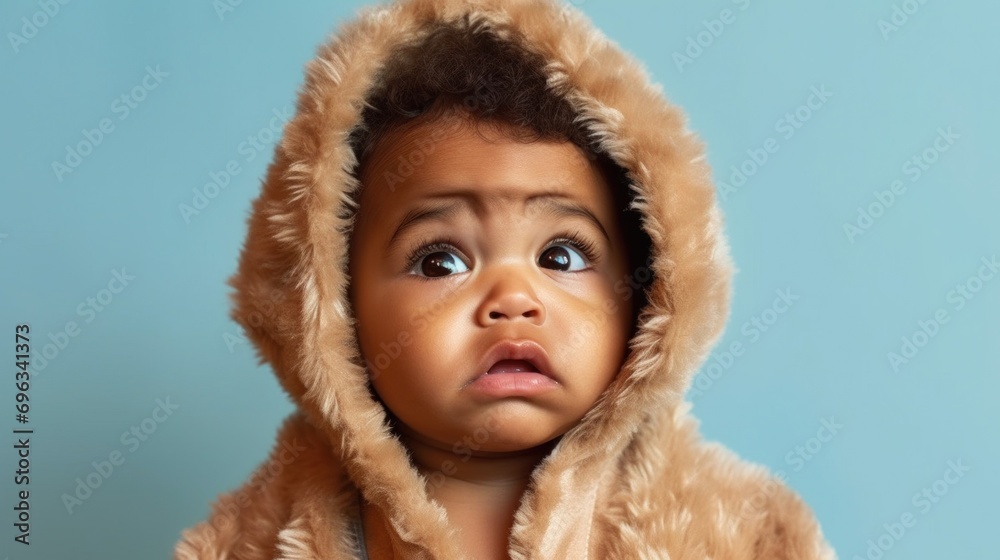 Infant in tears, wearing a kid's bathrobe, posed against a pastel blue studio setting. Infant in tears, wearing a kid's bathrobe, posed against a pastel blue studio setting.