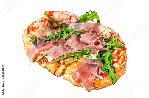 Sliced pizza with prosciutto parma ham, arugula and parmesan cheese  Transparent background. Isolated. photo