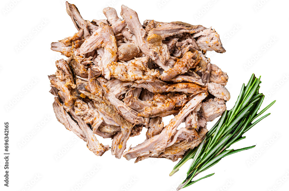 Slow cooked  puilled pork meat  Transparent background. Isolated.