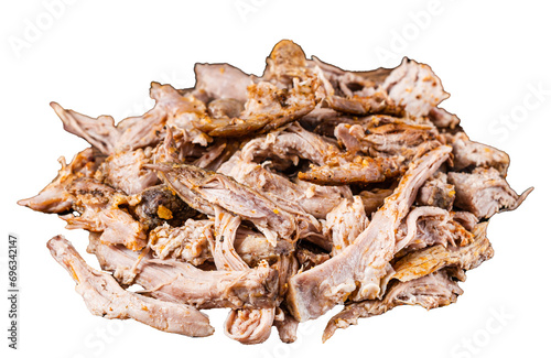 Slow cooked puilled pork meat Transparent background. Isolated.