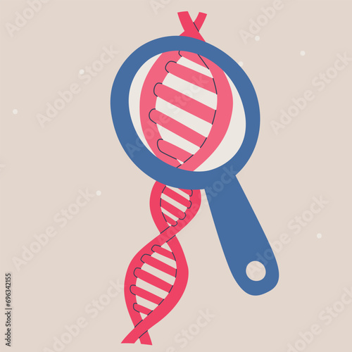 DNA helix under a magnifying glass or loupe. DNA research, genetic tests and ethnicity test. Vector isolated illustration.