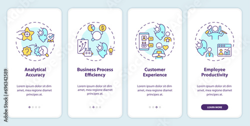 2D icons representing cognitive computing advantages mobile app screen set. Walkthrough 4 steps multicolor graphic instructions with linear icons concept, UI, UX, GUI template.