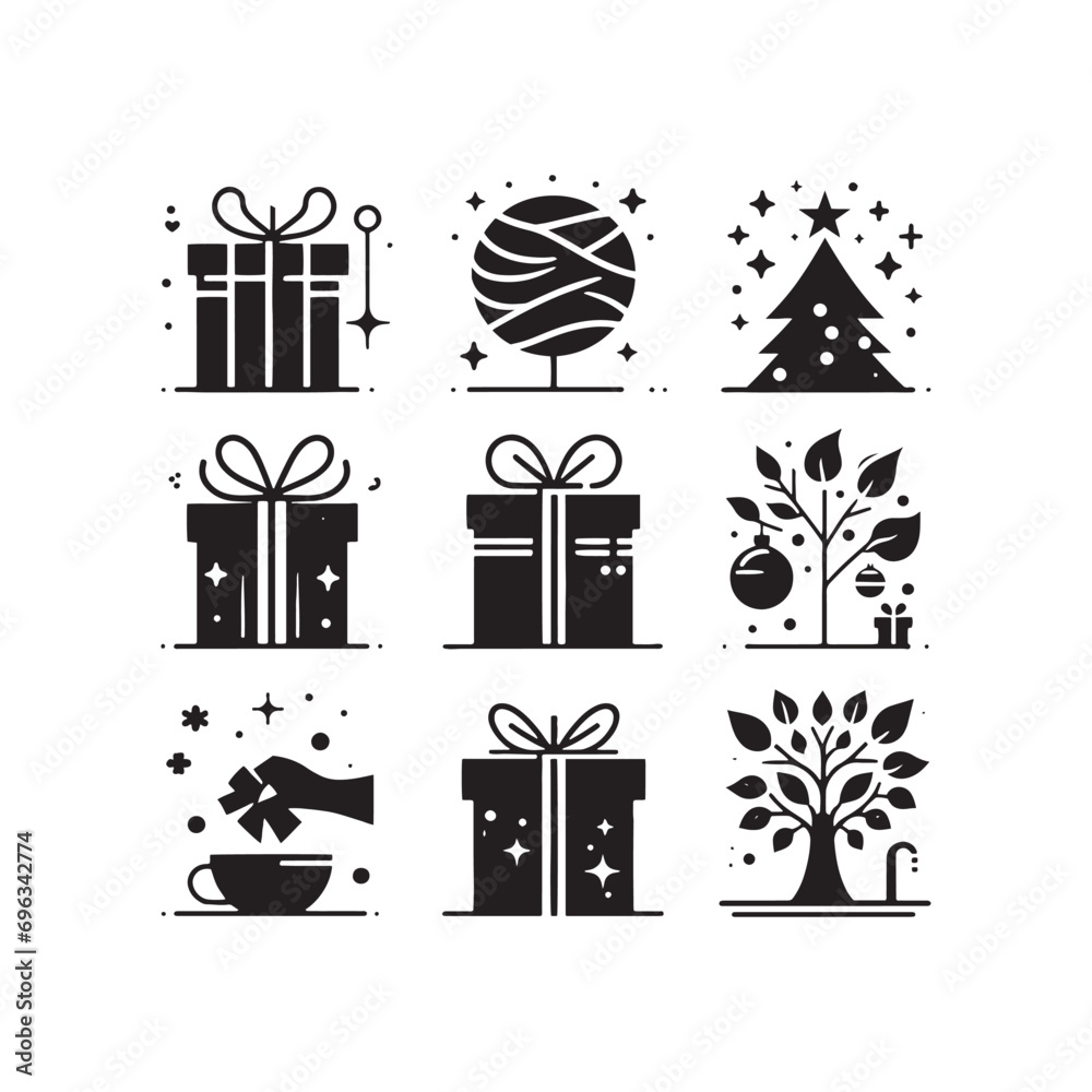 Naklejka premium Gift Silhouette: Elegant Present Shadows with Ribbons, Bows, and Whimsical Shapes for Stylish Occasions - Gift black vector 