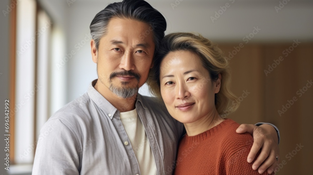 A moment of togetherness unfolds as a middle-aged Asian couple embraces within the walls of their home.