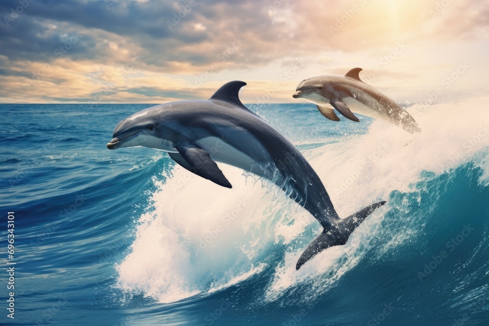 Two dolphins are jumping out of the water Two dolphins are jumping out of the water