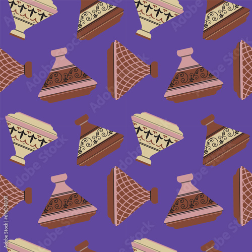 Moroccan tagine pot seamless pattern decorative ornament vector flat illustration. Hand drawn repeating background with oriental clay ceramics Tagine traditional vessel For textile, print, paper, card