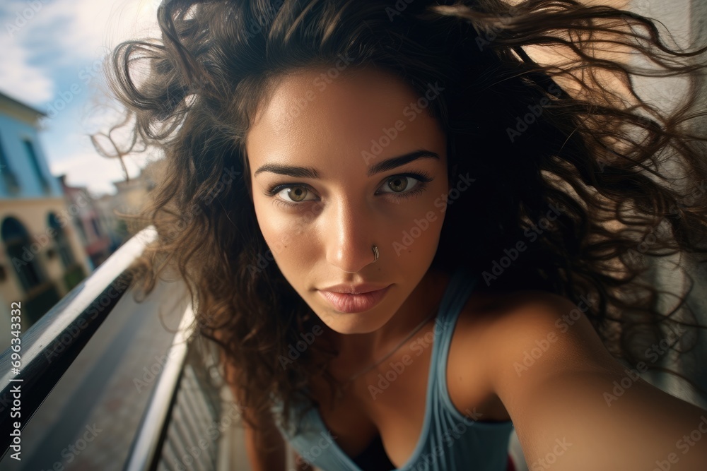 Naklejka premium A woman with long hair standing next to an escalator