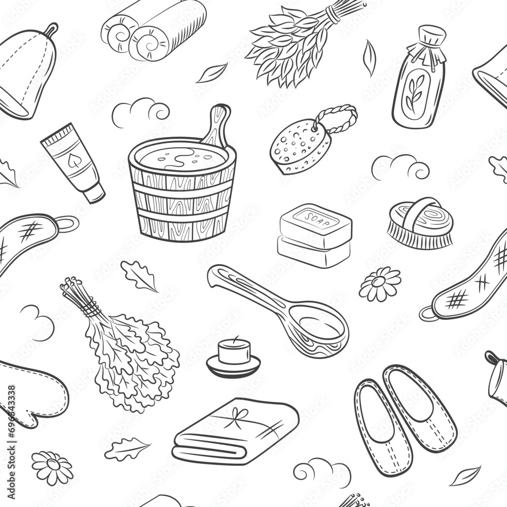 Sauna accessories sketch vector background. Hand drawn spa elements collection. Doodle sauna pattern on white background.