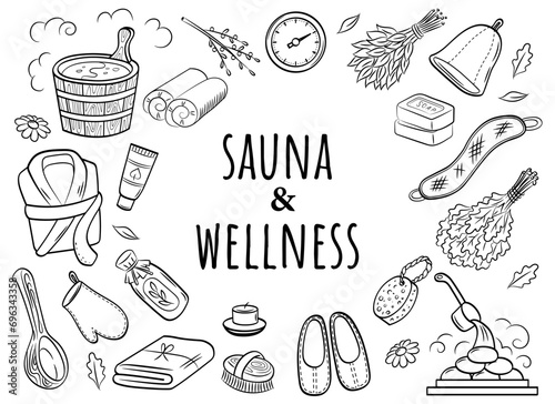 Sauna and wellness. Set of doodle elements. Premium body care vector banner template.