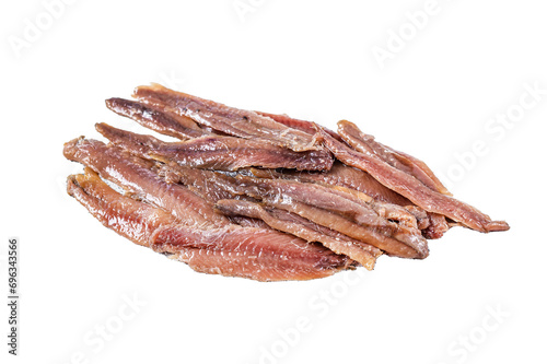 Canned Anchovies fish fillet in Olive Oil. Transparent background. Isolated.