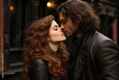 Passionate Kisses from Couple in Love on Valentine's Day, A Young Couple Engages in a Passionate Kiss, Radiating the Beauty and Intensity of Love