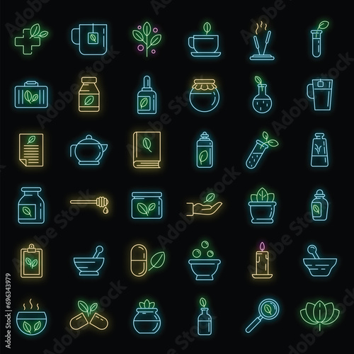 Phytotherapy icons set. Outline set of phytotherapy vector icons neon color on black