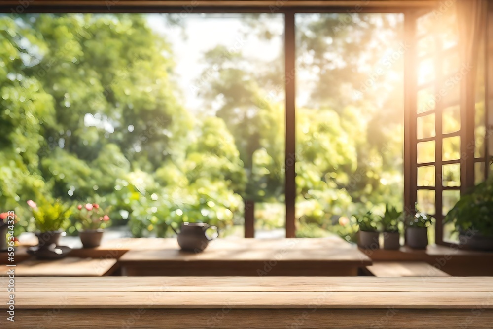 Top of wood table counter on blur window view garden background.For montage product display or design key visual layout Top of wood table counter on blur window view garden background.For montage product display or design key visual layout