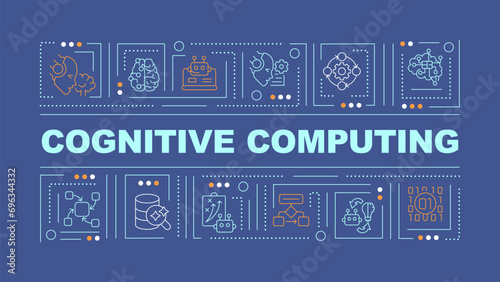 2D cognitive computing text with various creative thin linear icons concept on dark blue monochromatic background, editable vector illustration.