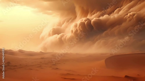 A dramatic orange-hued desert landscape under a massive, roiling sandstorm cloud formation photo