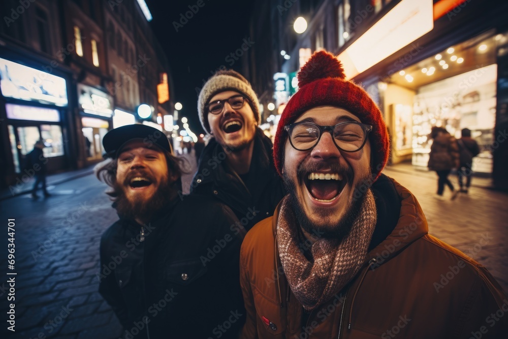 A group of men laughing on a city street