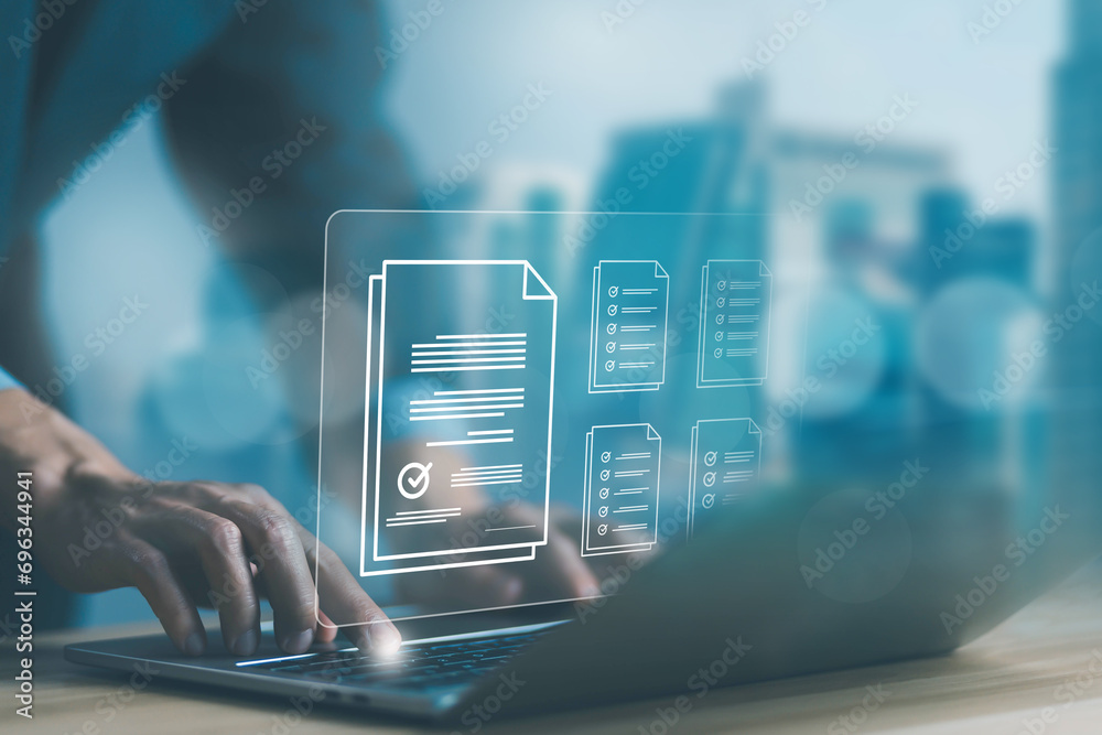 check the form online on the laptop, documents tick the checkmark. concept of checklist process order, audit on the list of documents. business verify task detail and evaluation tick mark check the form online on the laptop, documents tick the checkmark. concept of checklist process order, audit on the list of documents. business verify task detail and evaluation tick mark