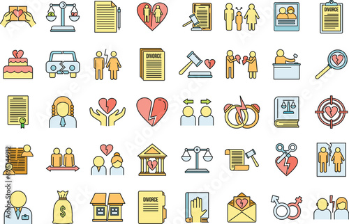Divorce separation icons set. Outline set of divorce separation vector icons thin line color flat on white