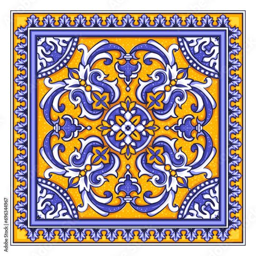 Azulejos - Portuguese Dutch and oriental tile in shades of blue and yellow colors pattern. Baroque Vector mosaic. Rococo ornament. Traditional GOA tribal ornament. Capri Maiolica