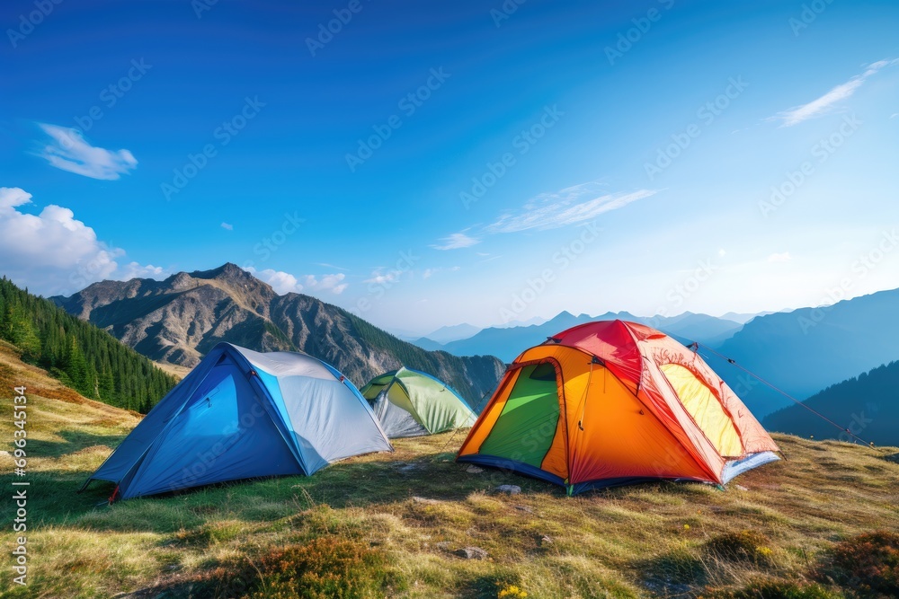 A couple of tents sitting on top of a grass covered hillside
