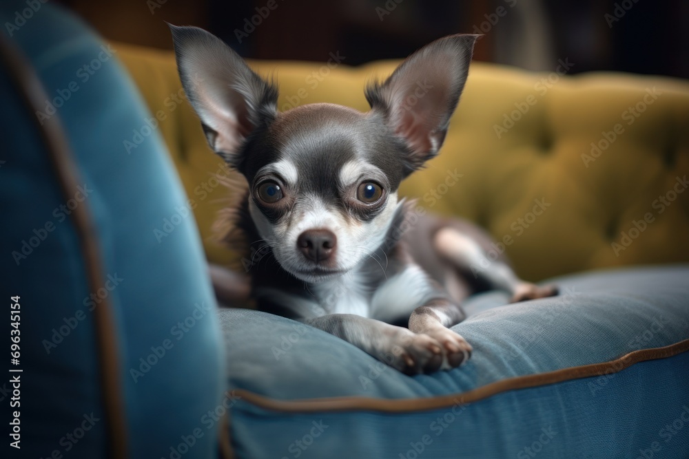 Cute chihuahua dog laying on living room's sofa and looking at camera.