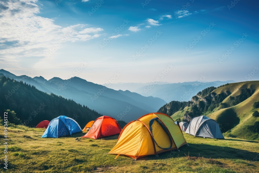 A group of tents sitting on top of a lush green hillside