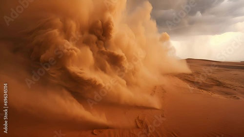 Majestic and dramatic sandstorm rolling across a barren desert landscape under a hazy sky photo