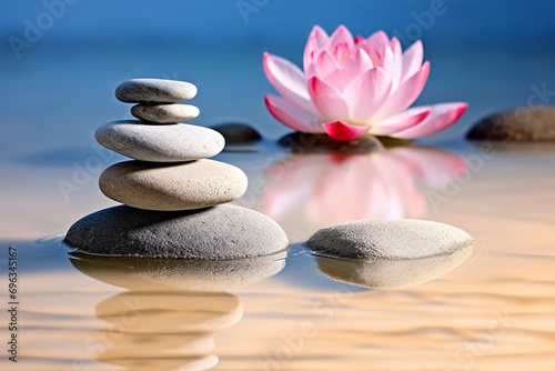 Rock balancing. Small zen stacking stones piled in balanced in water with pink lotus flower