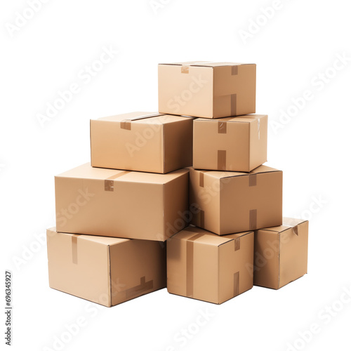 Stack of brown packaging boxes isolated on transparent background
