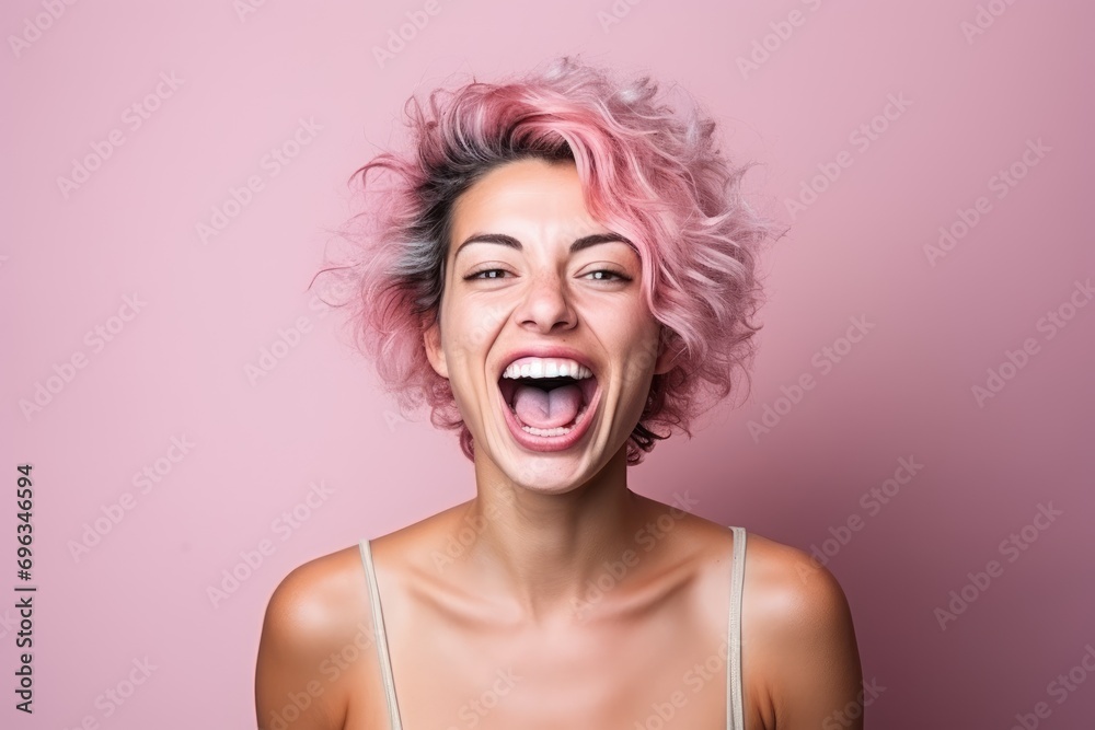A woman with pink hair is making a funny face