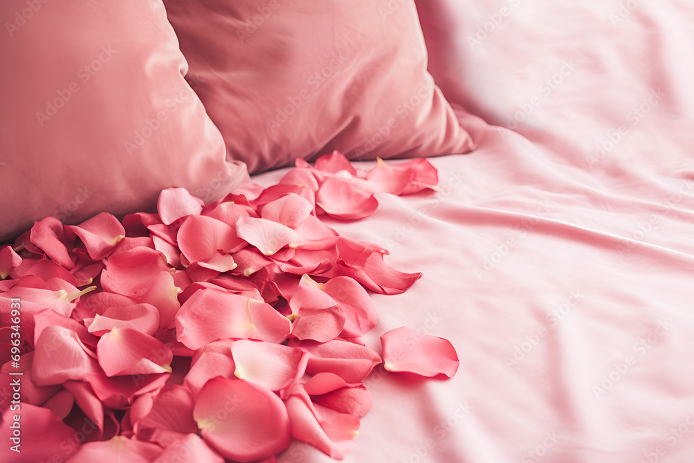 Closeup of pink rose petals on bed sheets Closeup of pink rose petals on bed sheets