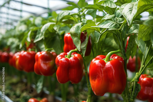 Ripe red bell peppers in a greenhouse