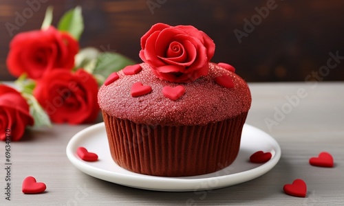 Delicious cupcake with red rose on wooden table, closeup
