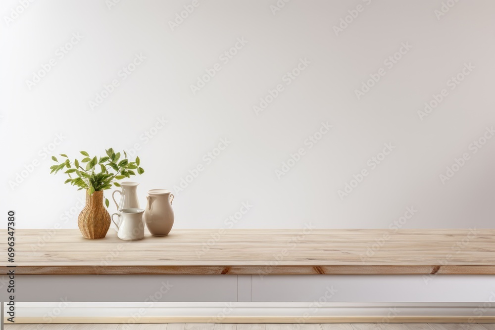 A table with two vases and a plant on it