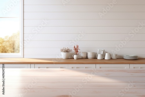 A wooden table topped with white dishes and cups photo