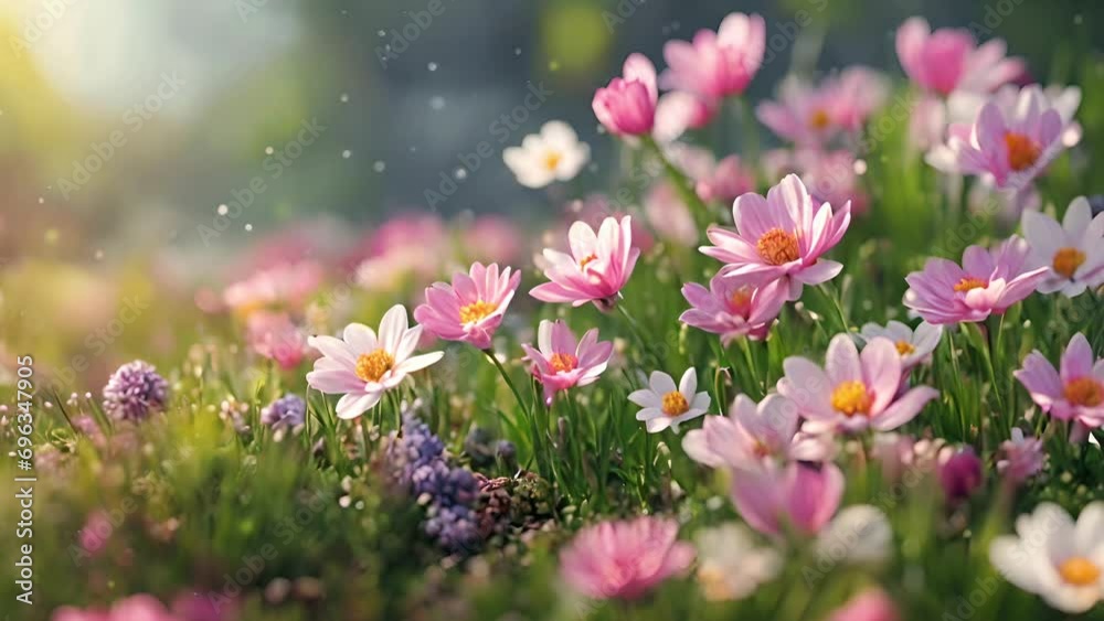 A serene field with pink flowers bathed in warm sunlight with a soft-focus background creating a dreamy, springtime ambiance