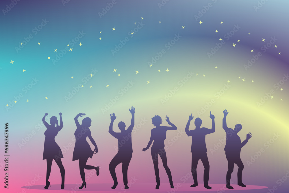 A group of happy dancing men and women with colorful gradient background. New year party concept. Vector illustration.